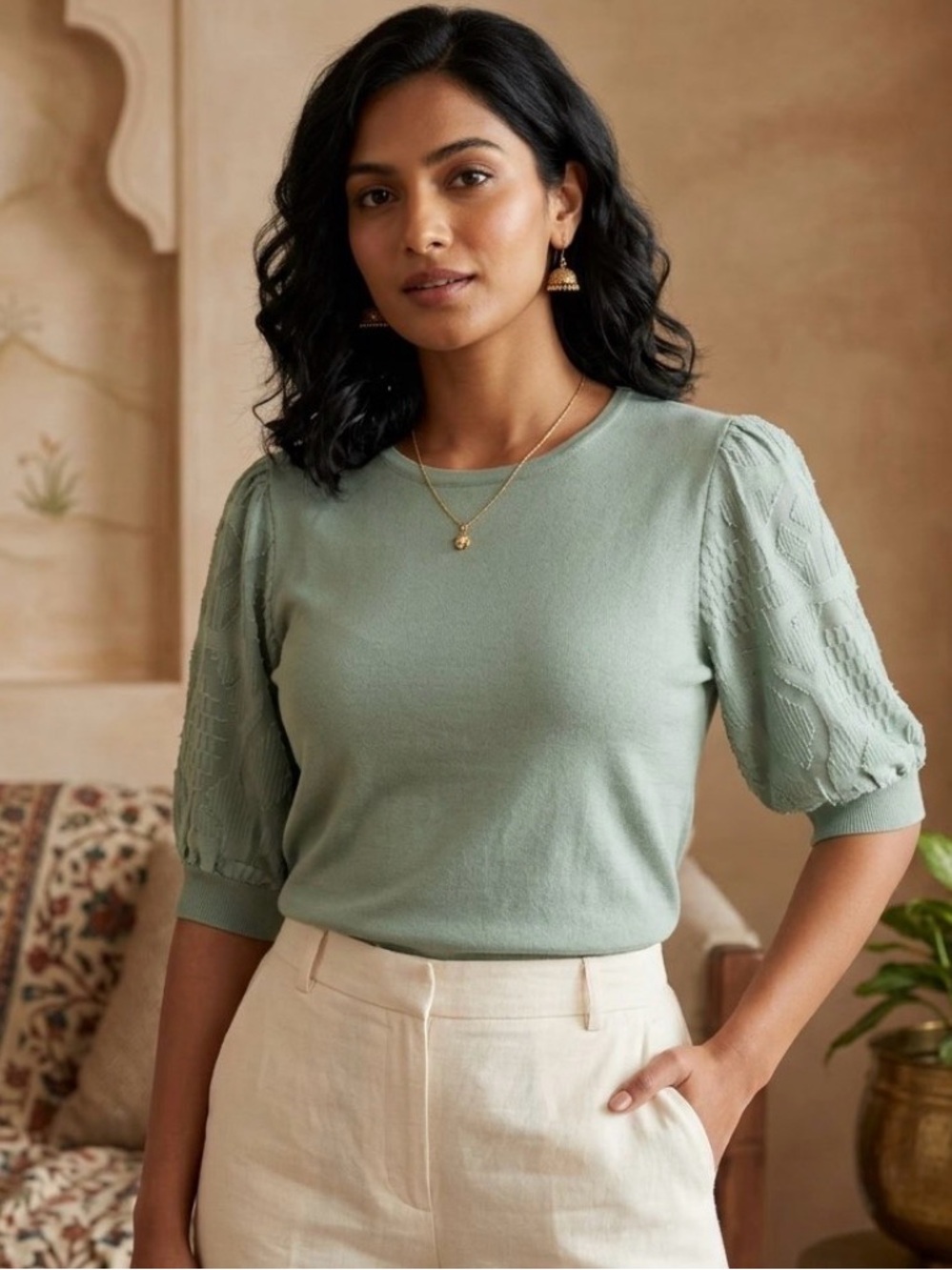 Adrianna Papell Teal Blouse with Textured Sleeves
